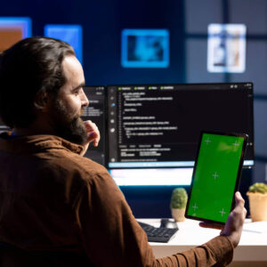 A developer sits at a desk with multiple screens displaying code while holding a tablet with a green screen, working on a Python GUI development project using Tkinter.