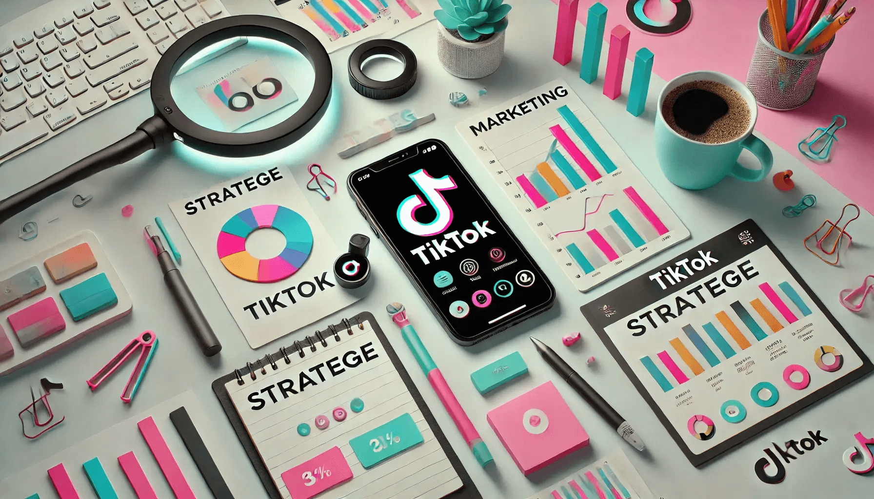 Creative TikTok marketing strategy layout with graphs, smartphone, charts, and office supplies in vibrant colours.